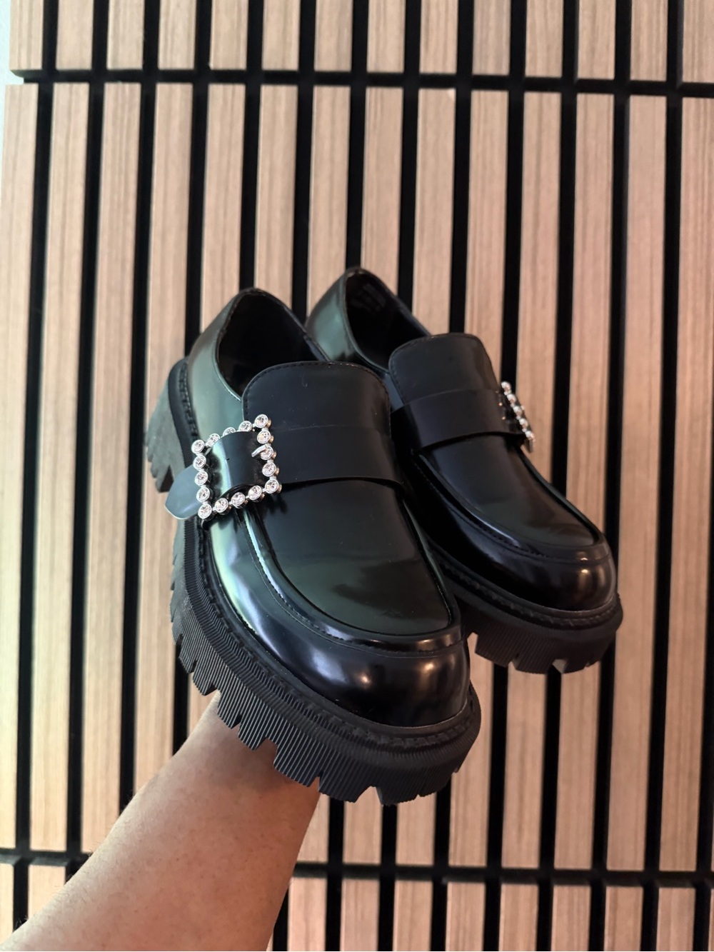 Call It Spring Black Patent Chunky Loafers with Rhinestone Buckle
